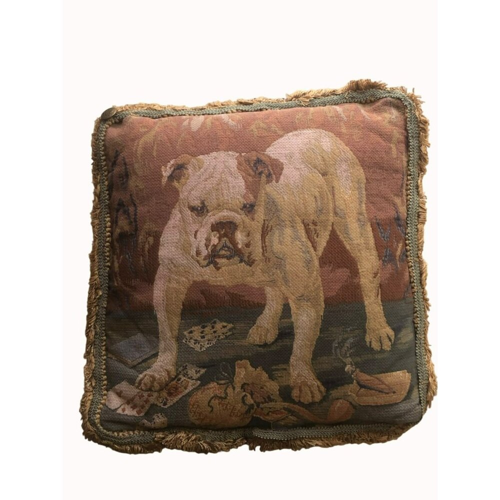 VTG Flemish Tapestries Bulldog Pillow 18" x 18" Cotton Tapestry Dog Design With